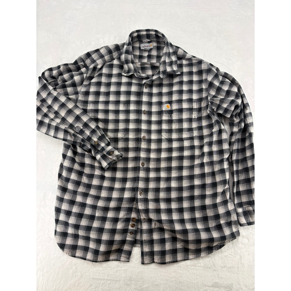 Carhartt Shirt Mens XL Button Up Black White Buffalo‎ Plaid Relaxed Fit Flannel